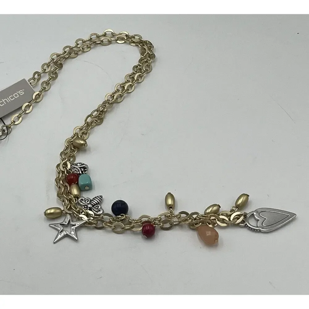 Chicos Gold Tone with Silver Tone (NWT Charms Dangle Double Strand Necklace New‎